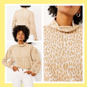 LOFT Tan and White Animal Printed Mock Neck Sweater Top
